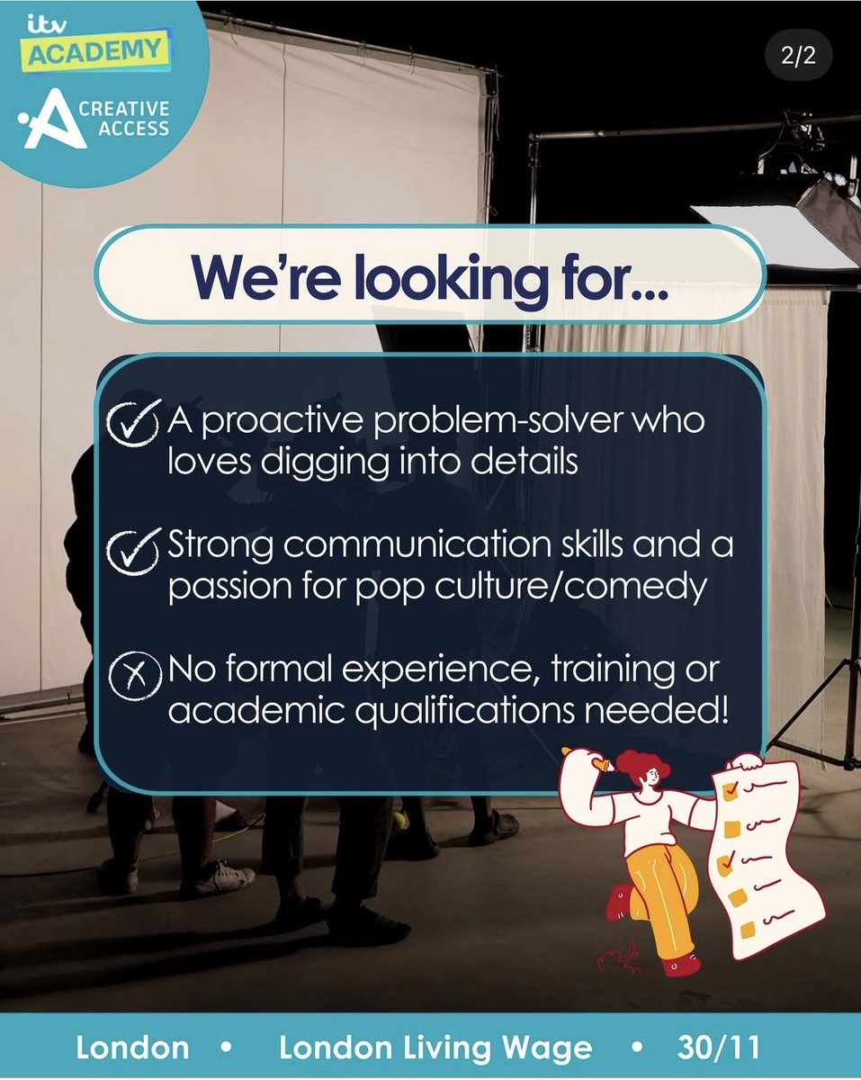 ItvAcademy's tweet image. We have teamed up with @_CreativeAccess for this brilliant opportunity for a Production Trainee based in London, please share and tag anyone you think maybe interested - this will be a popular one so early applications are always encouraged!