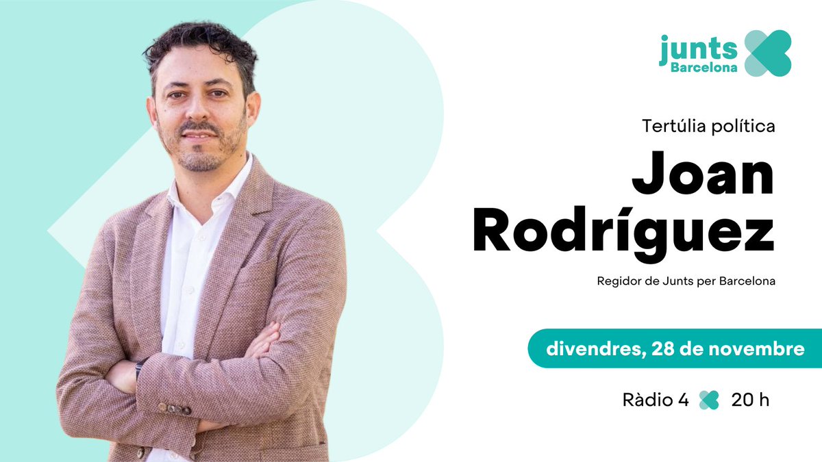 ▶️ Aquest vespre, a les 20 h, el regidor de Junts per #Barcelona <a href="/joanrportell/">Joan Rodríguez i Portell</a> participa en la tertúlia política de #ElPlaB amb el periodista Toni Marín.

En directe a ⤵️
rtve.es/play/audios/pr…