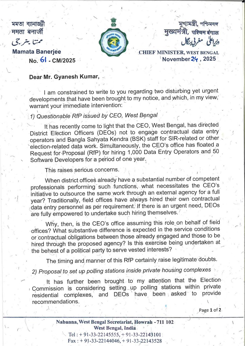 MamataOfficial's tweet image. Sharing herewith my today&apos;s letter to the Chief Election Commissioner, articulating my serious concerns in respect of two latest and disturbing developments.