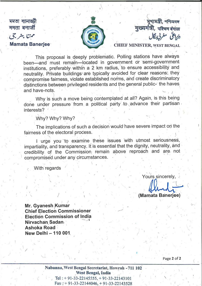 MamataOfficial's tweet image. Sharing herewith my today&apos;s letter to the Chief Election Commissioner, articulating my serious concerns in respect of two latest and disturbing developments.