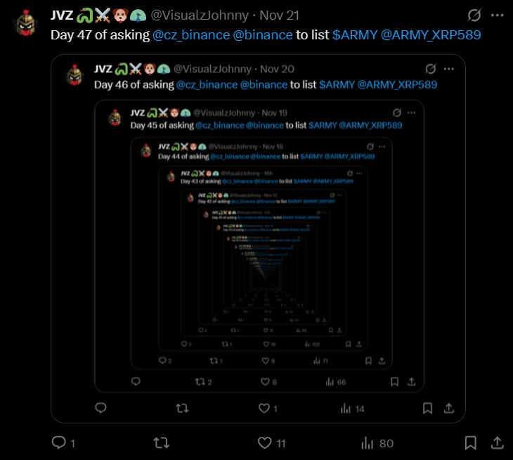 Day 48 of asking <a href="/cz_binance/">CZ 🔶 BNB</a> <a href="/binance/">Binance</a> to list $ARMY <a href="/ARMY_XRP589/">$ARMY</a>