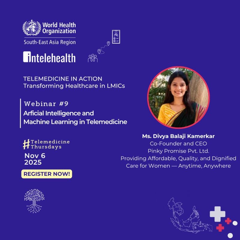 BonBillo_Global's tweet image. Divya Balaji Kamerkar, Co-Founder and CEO of Pinky Promise, spoke at the Intelehealth and World Health Organization&apos;s webinar on Artficial Intelligence and Machine Learning in Telemedicine.

#femtech #socialimpact