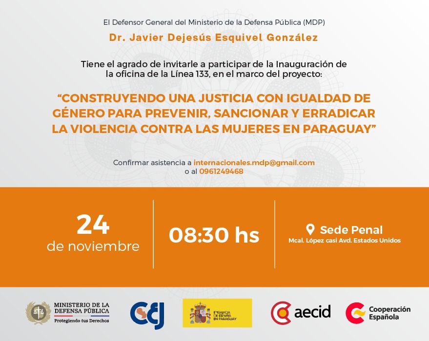 MDP_py's tweet image. [HOY] Inauguramos la oficina de la Línea 133, en el marco del proyecto “Construyendo una justicia con igualdad de género para prevenir, sancionar y erradicar la violencia contra las mujeres en Paraguay”.

⏰08:30 hs | Sede Penal