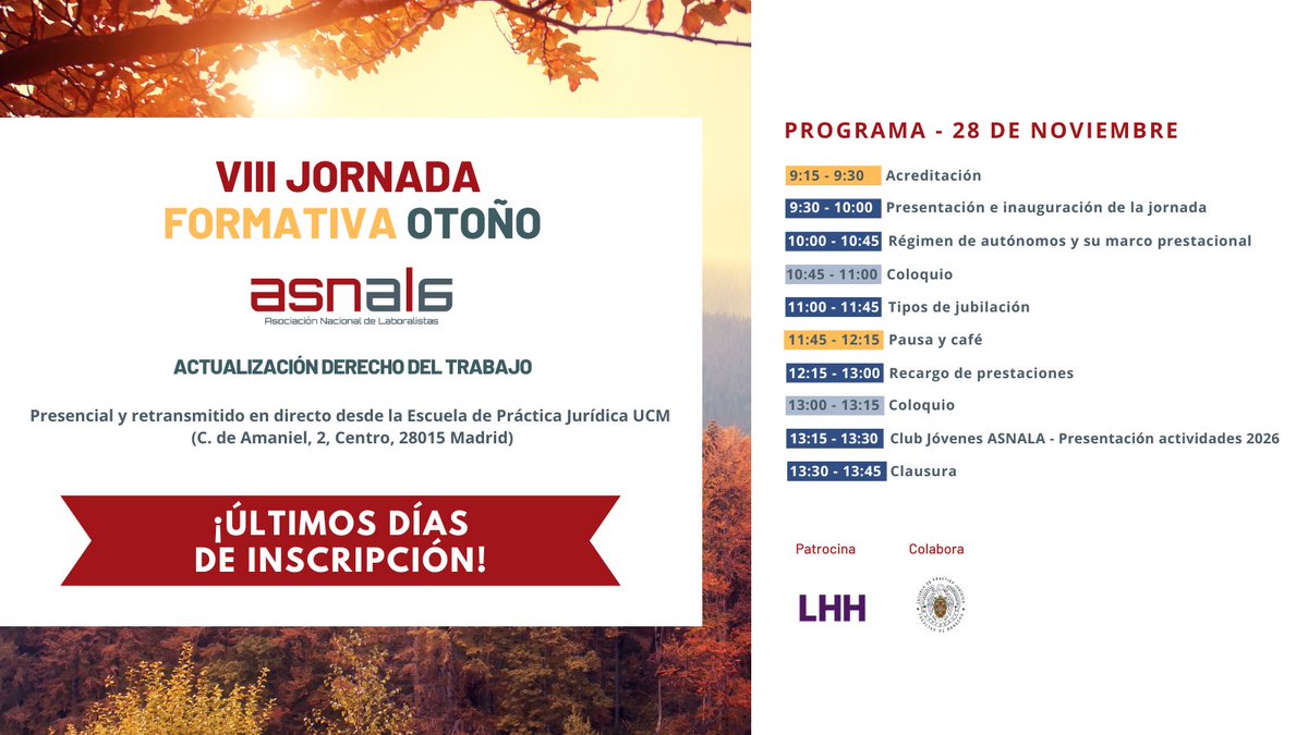 ⏰¡Todavía estás a tiempo de unirte a la #VIIIJornadaOtoñoASNALA del próximo 28 de noviembre!

🔹 El nuevo marco prestacional de los #autónomos
🔹 Las distintas modalidades de #jubilación
🔹 El #RecargoPrestaciones y responsabilidad empresarial

Con la participación de los