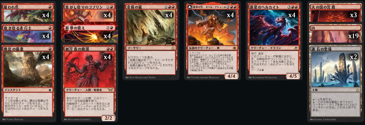 refreflection's tweet image. MTGアリーナのデイリー消化用の赤単デッキいけてるのが見当たらなかったから自作しといた

衝撃の震え→オヘル・アショニルの動きを軸にしたので、金属の嵐で対アナグマモグラの仔でリセット可に。

雇われ爪と剃刀族の棘頭でダメージ源補強。
シナジーとブロッカー確保の焦がし切りのゴブリン。