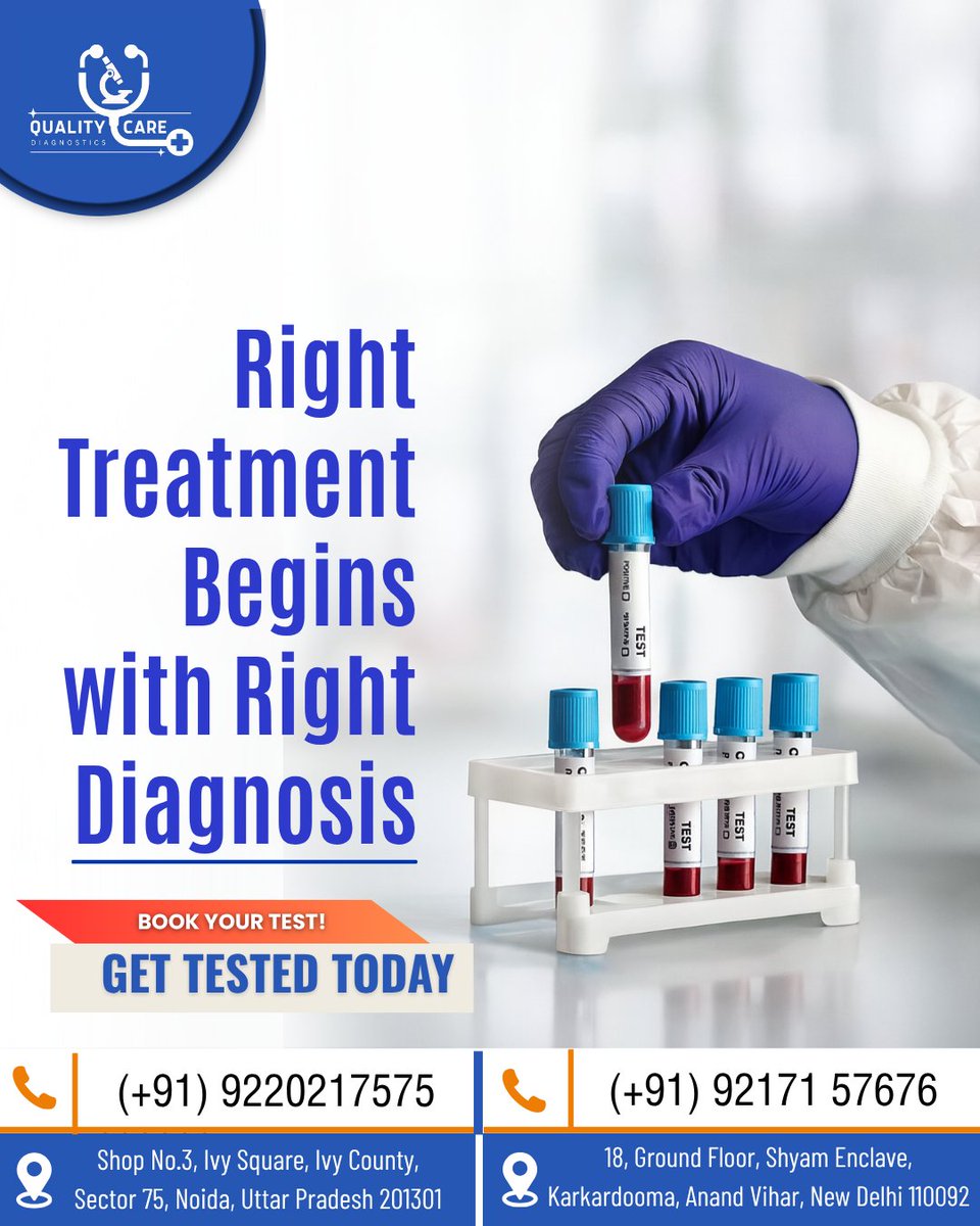 QualityCareClin's tweet photo. Right Treatment Begins With the Right Diagnosis!
-
🔬Quality Care Diagnostics Best Diagnostic Centre in Noida

📞: (+91) 9220217575
-
#QualityCareDiagnostics #RightDiagnosis #HealthCheckup #CardioCare #HeartHealth #PathologyTesting #AccurateResults #LabTesting #NoidaClinic #Healt https://t.co/90Uipo0nNs