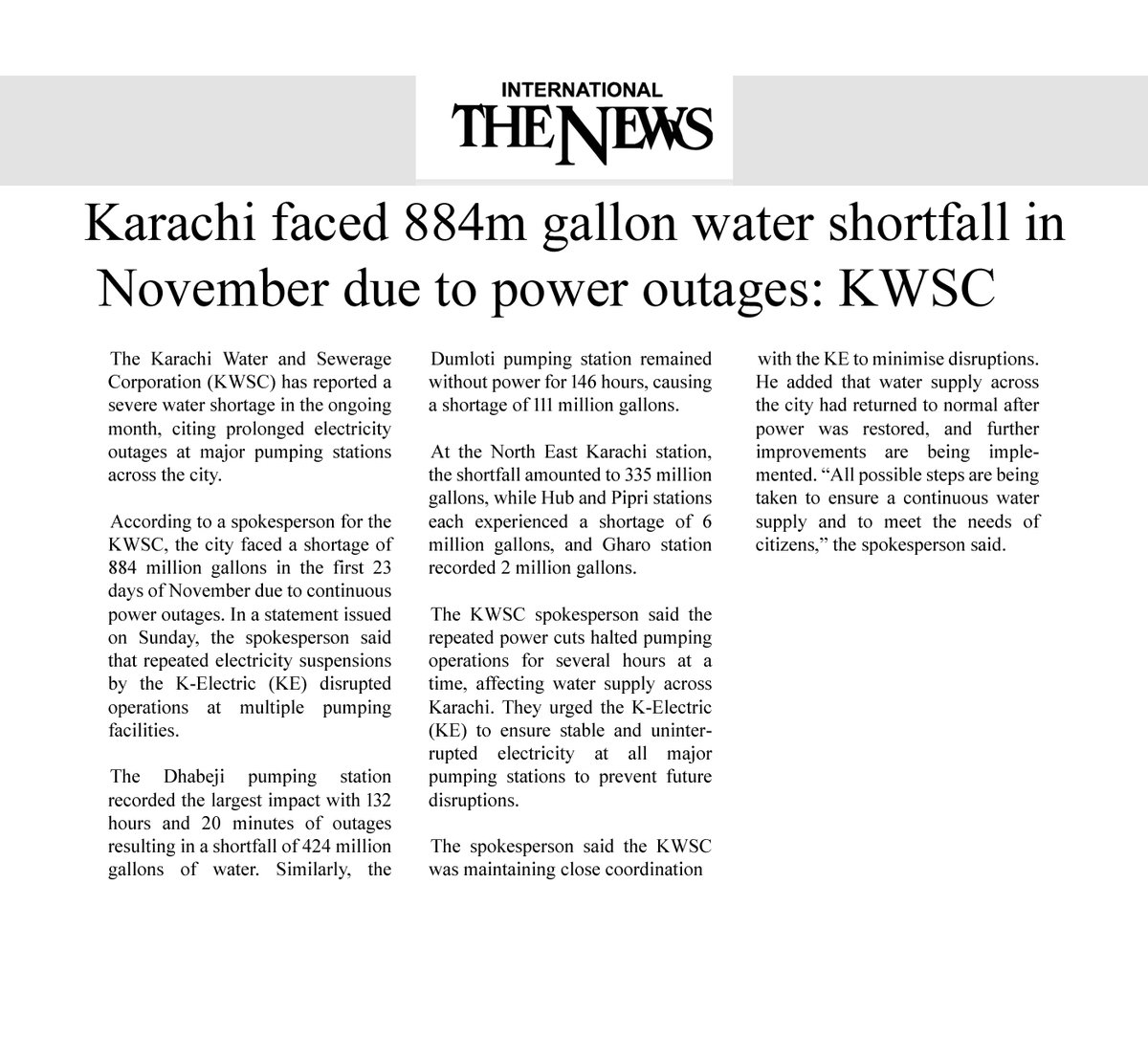 KWSCOfficial's tweet photo. Karachi faced 884m gallon water shortfall in November due to power outages: KWSC
#post #karachi #KWSC #viralpost #watercorporation #statics https://t.co/AbFwigKBQq