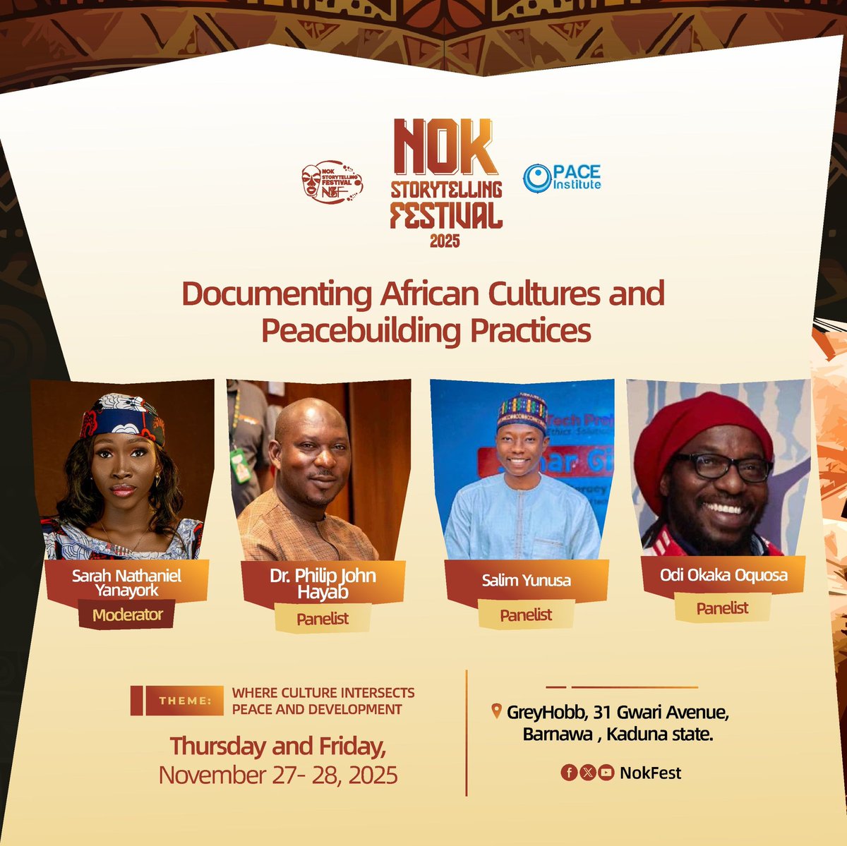 Join us for an engaging panel session as Sarah Nathaniel moderates the conversation on “Documenting African Cultures and Peacebuilding Practices” featuring Dr. Philip Hayab, Salim Yunusa, and Odi Okaka as they share their experiences with traditional mediation