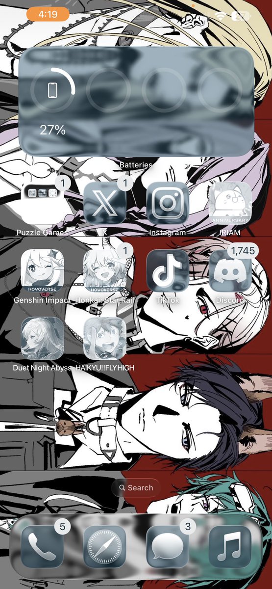 They’re too colorful it’s blinding me. This one is okay but I feel I can do better! (Maybe) My Home Screen is fine but I don’t like the fact ash and shiki r mostly covered I need to make it where they all show. Somehow. For now this will do!