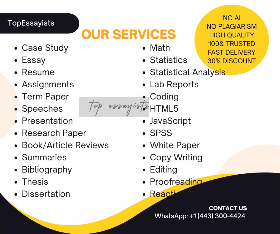 theTopEssayists's tweet image. If you’re overwhelmed with assignments in Biology, Chemistry, Maths, Law, Nursing, Economics, CS, Marketing, Sociology, HR, Engineering, Statistics, Literature,... you’re not alone.

I deliver well-researched, polished work on time.
#HomeworkSupport #AcademicSuccess

DM📩