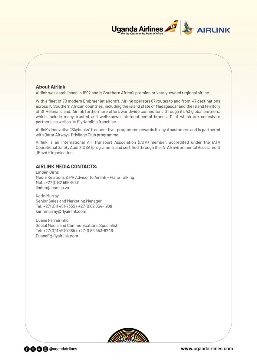 <a href="/UG_Airlines/">Uganda Airlines</a> has signed an Interline Agreement with Airlink,allowing passengers to travel from Entebbe to over 45 destinations across Southern Africa using one ticket.Travellers will enjoy easier connections through Johannesburg, faster check-ins, and automatic baggage transfers.
