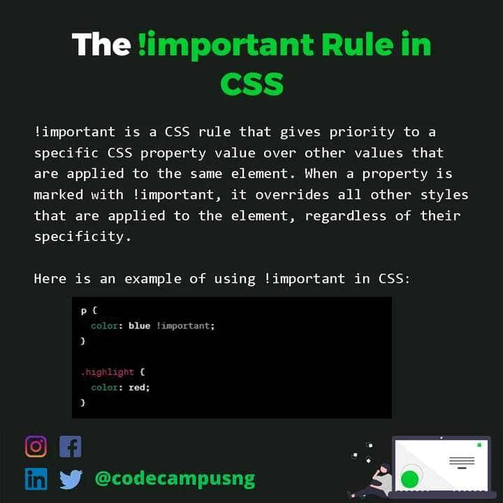 codecampusng's tweet image. Want to learn more programming concepts and tips.?

Follow @codecampusng for more
Understanding the !Important Rule in CSS

Begin your journey as a Developer today. Click the Link in Bio

#vscode #sourcecode #programming #javascript #js #framework #internet #programmers #web