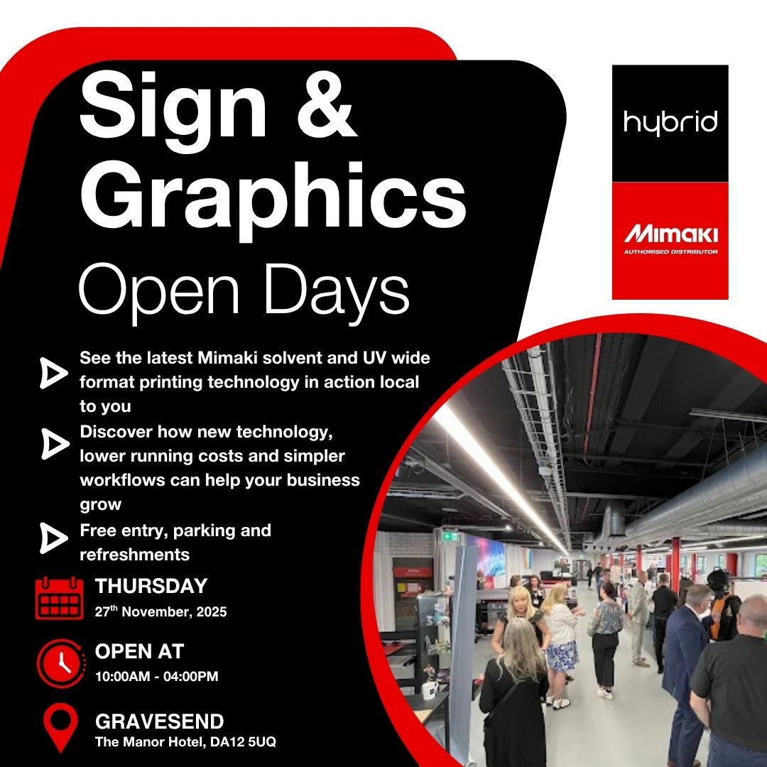 HybridServices's tweet image. 📣 Mimaki Sign &amp;amp; Graphics Open Day - 27 Nov
Meet Andrew Edwards, our Sign &amp;amp; Graphics specialist, and see live demos of Mimaki solvent &amp;amp; UV printers.
📍 Manor Hotel, Gravesend • 10-4
Free entry, parking &amp;amp; refreshments!
👉 buff.ly/kGWbjOv 
#Mimaki #Print #WideFormat #Sign
