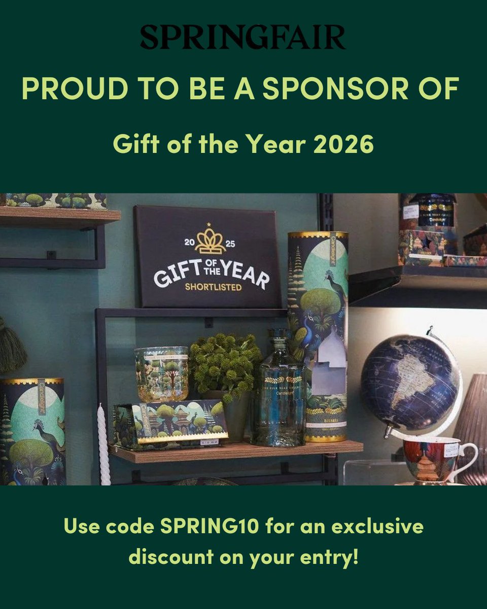 SpringAutFair's tweet image. We’re proud sponsors of Gift of the Year 2026! 🏆

Show your products to 150+ buyers &amp;amp; experts at Spring Fair.

🎁 Enter now &amp;amp; use code SPRING10 for a discount!
⏰ Entry closes 30 Nov 2025.

#GiftoftheYear #SpringFair #Retail #GiftAwards