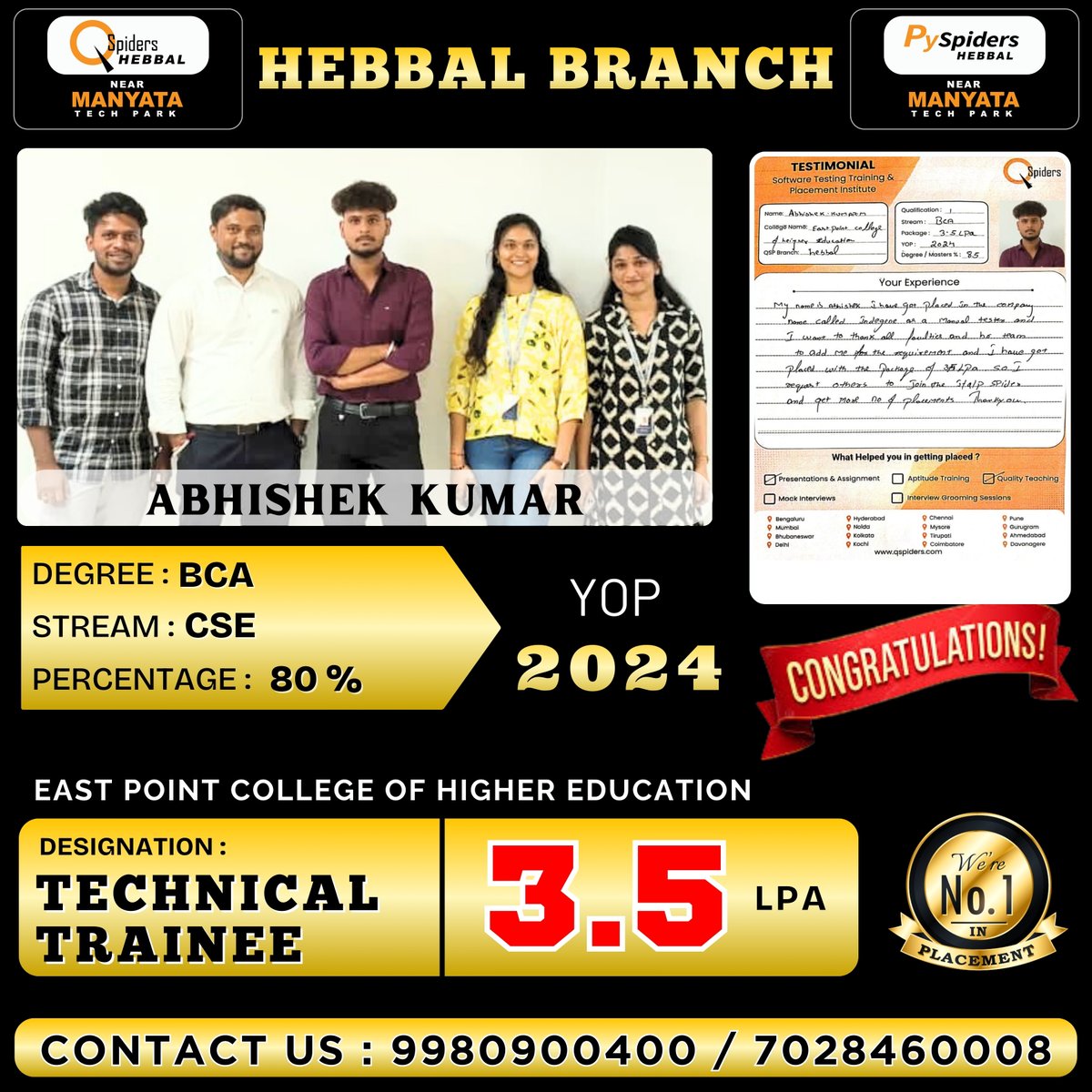 QspidersHebbal's tweet image. Exciting news! Abhishek Kumar has joined the ranks of successful candidates as a Technical Trainee from Qspiders Hebbal. Your commitment to excellence is inspiring! Here’s to new opportunities and growth. 🌍✨ #JobPlacement #SuccessStory #TechTrainee