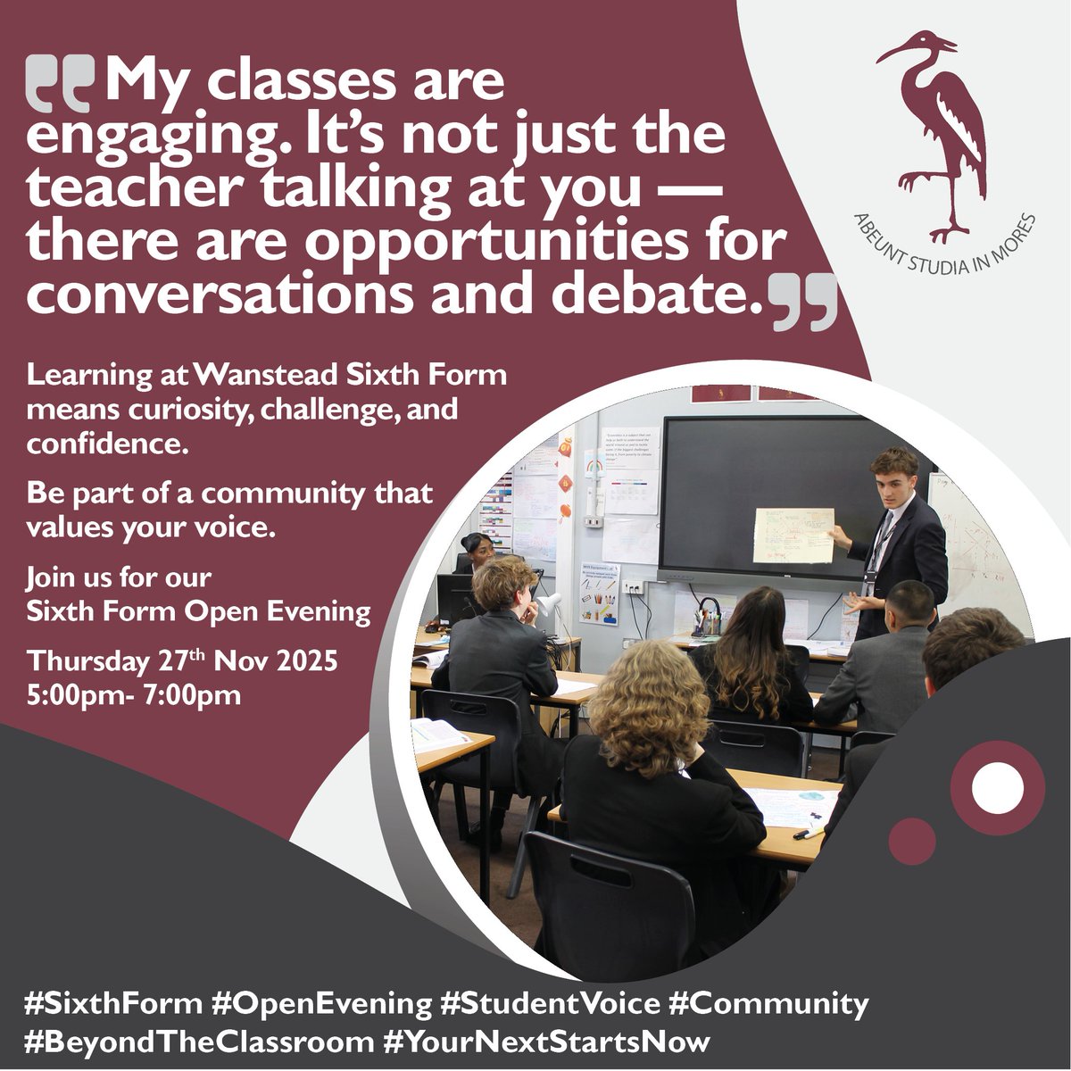 WansteadHighE11's tweet image. “My classes are engaging. It’s not just the teacher talking at you — there are opportunities for conversations and debate.”
Join us for our Sixth Form Open Evening
Thursday 27th November 2025 5pm- 7pm
SixthForm #OpenEvening #EngagedLearning #FutureReady #YourNextStartsNow