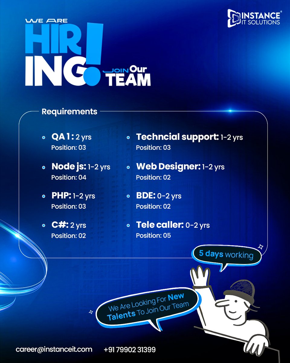 instance_it's tweet image. 🚀 We’re looking for new talents to join our team!!
We’re expanding across technical, creative &amp;amp; communication roles, and looking for people who love problem-solving, teamwork, and real career growth.

#WeAreHiring #JoinInstanceIT #TechCareers #HiringInSurat #ITJobsSurat