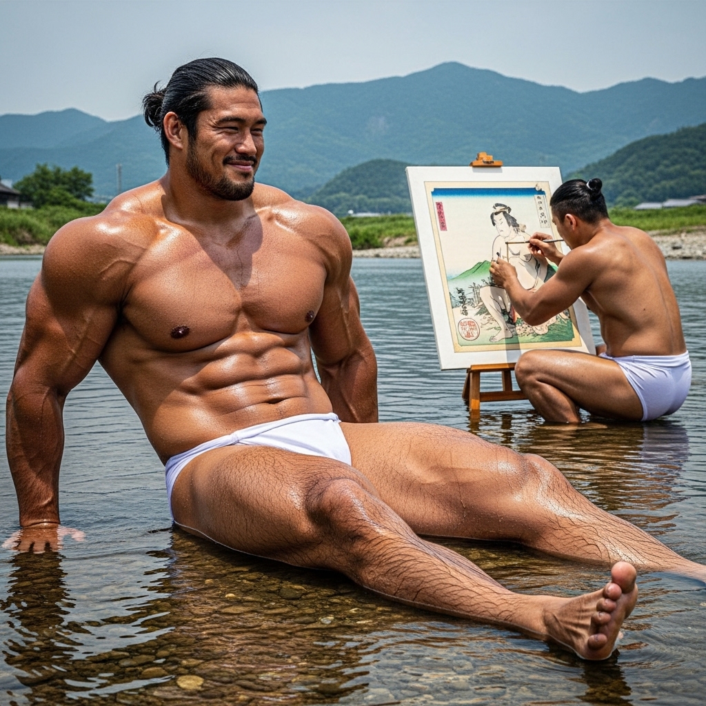 aifutomomo's tweet image. 大河ドラマ「べらぼう」　オモロいよね👍

歌麿の浮世絵の
モデルをする蔦屋重三郎😆

こんなマッチョだったら、惚れてしまいますわな🤣
#AIart #AI男子 #ImageFX