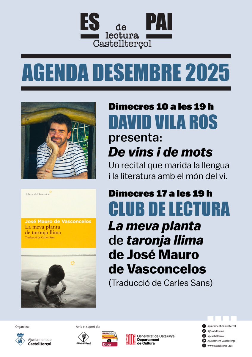 Agenda desmerbe Espai de Lectura 📚

📖'De vins i de mots', recital que marida llengua i literatura amb el món dels vins
🗓️10 de desembre
⌚️19
📍A l'Espai de Lectura

📖'La meva planta de taronja llima', de José Mauro de Vasconcelos
🗓️17 de desembre
⌚️19
📍A l'Espai de Lectura