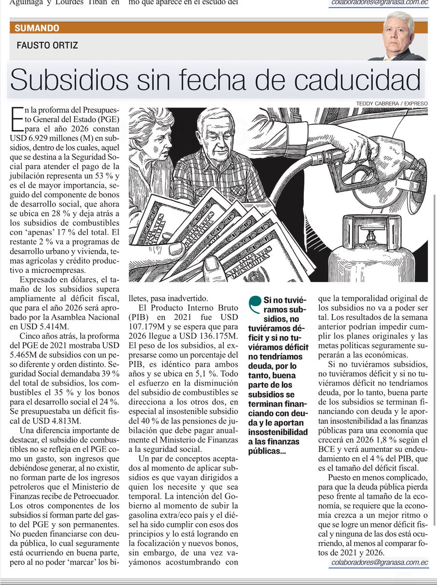 “Subsidios sin fecha de caducidad”, columna dominical del economista ⁦<a href="/faustortizd/">Fausto Ortiz D</a>⁩ en el diario ⁦<a href="/Expresoec/">Diario Expreso</a>⁩
