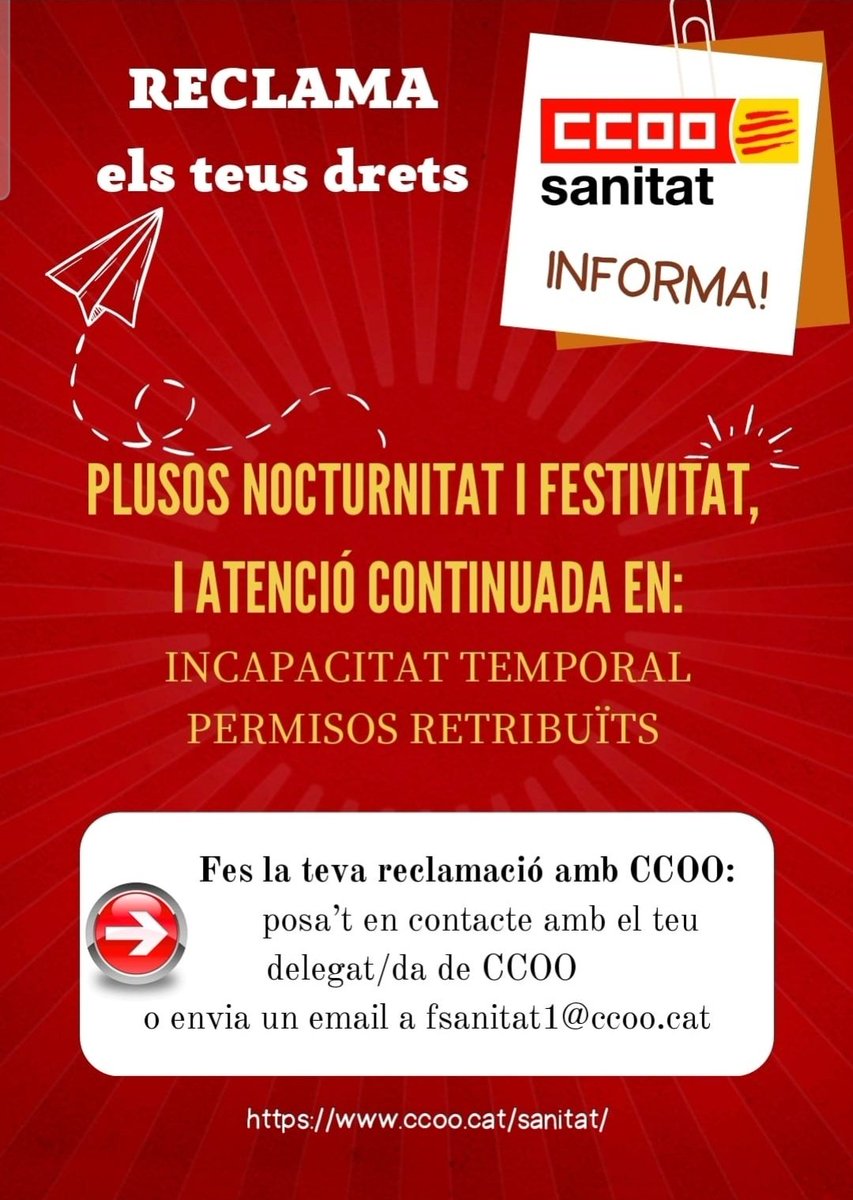 CCOOsanitat's tweet image. Reclama els teus drets de l&apos;ICS amb @CCOOsanitat