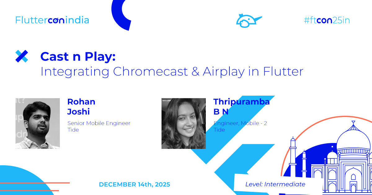 FlutterconWorld's tweet image. Join forces with @rohanjsh &amp;amp; Thripuramba B N for a power-packed #ftconin25 session 💙 From native #APIs to #UX—learn how to implement Chromecast &amp;amp; AirPlay in #Flutter the right way. india.fluttercon.dev/speakers/rohan…