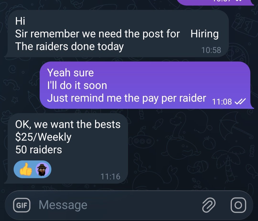 We're Hiring 🚨 

50 Raiders $25 weekly

If you're interested 
~Comment your telegram Handle
~Like &amp; Retweet 
~Tag 3 Friends
~ join👇, we are selecting in
t.me/+csQsnAb9Di45N…
Send your comment link👆
Selections in 48 hours👍