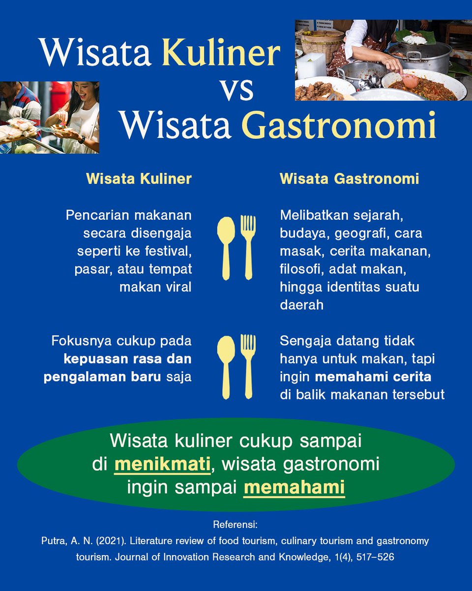 KemenPariwisata's tweet photo. Kirain sama, ternyata beda! 😱

Pernah dengar istilah wisata gastronomi? Banyak yang mengira ini sama dengan wisata kuliner, padahal… ada keunikannya tersendirinya, lho 🍽️✨

Di postingan ini, Mimin mau ajak kamu buat lihat bagaimana wisata gastronomi bukan hanya soal makan enak, tapi memahami cerita, budaya, sejarah, sampai filosofi di balik setiap hidangan.

Mulai dari unsur edukasi, rekreasi, pengalaman rasa, hingga penggunaan produk lokal dan nilai kesehatan, semuanya ikut membentuk pengalaman gastronomi yang lebih dalam dan berkesan 🥘