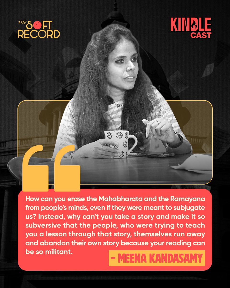 kindlecastindia's tweet image. Meena Kandasamy on reclaiming the epics:

You don’t erase the Mahabharata or Ramayana — you read them so subversively that power loses its grip on them.

#meenakandasamy #thesoftrecord #kindlecast #indianwriters #quote