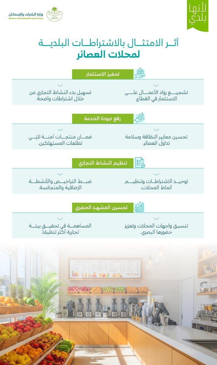 حدّثت #وزارة_البلديات_والإسكان الاشتراطات لمحلات العصائر، لتعزيز السلامة الغذائية ورفع جودة الخدمات.

لنمتثل.. #لأنها_بلدي

للاطلاع على اشتراطات محلات العصائر: momah.gov.sa/sites/default/…