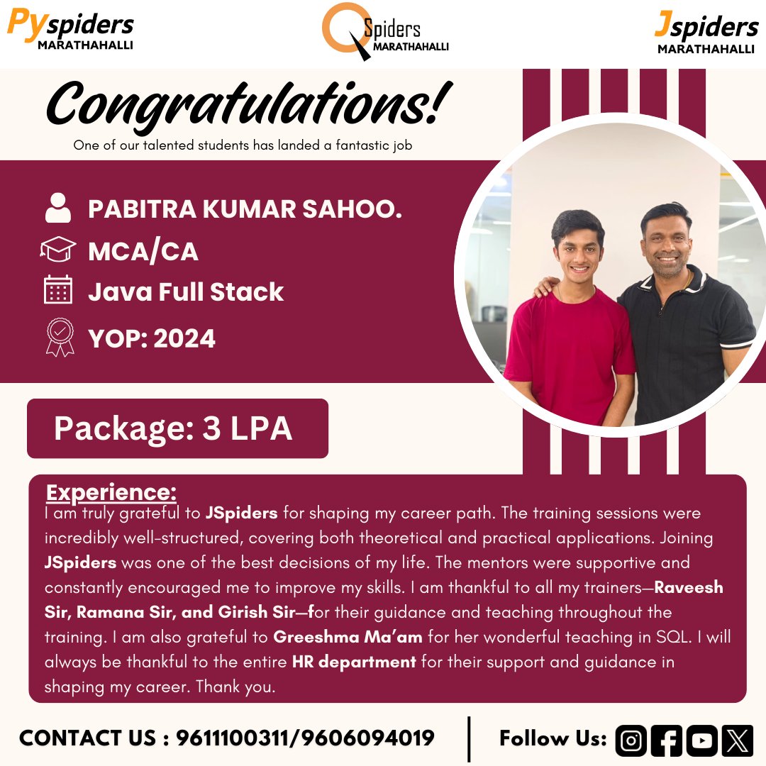 JspMarathahalli's tweet image. Congratulations Pabitra Kumar Sahoo
.
FOR MORE INFORMATION, CONTACT
JSPIDERS MARATHAHALLI
KARTHIK/MANASA:
9611100311/9606094019
.
.
.
#jspiders #pyspiders #coding #jspidersmarathahalli #javascripts #jspiders #devops #aws #linux #centurionuniversityoftechnologyandmanagement