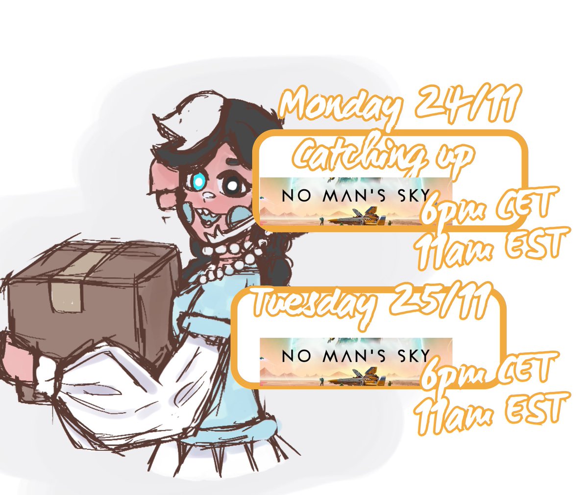 🌊🦞Stream Schedule🦞🌊
  Today and tomorrow (Monday and Tuesday 24th November -  25th November 
6pm CET/ 11am EST  
-  24th : Catching up while playing no man’s sky… can we begin the mansion building ? 
-  25th : Maybe building that big ol mansion ? 
#theBo0boo