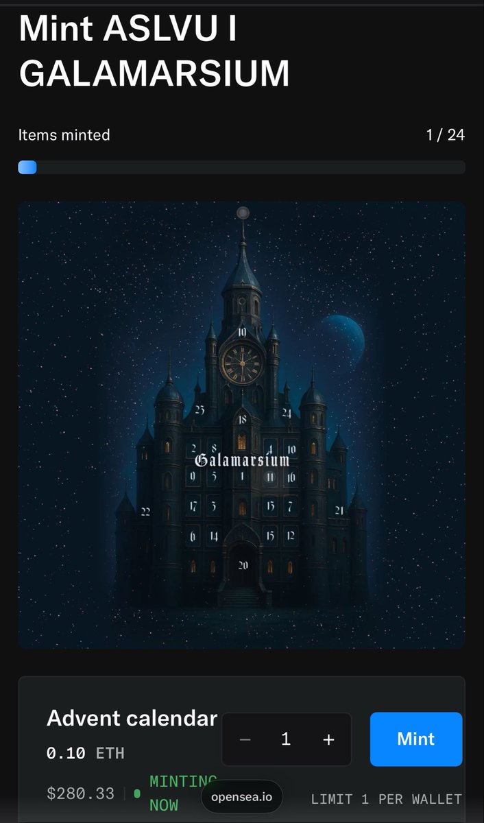galamarsium's tweet image. Advent calendar from Galamarsium with 24 unique NFTs.
#NFT #NFTCommunity #NFTProject #OpenSeaNFT #MintNow #NFTs 
#CryptoArt #DigitalCollectibles #Web3Art #Minting
#DigitalArt #NFTCollection #Web3Community