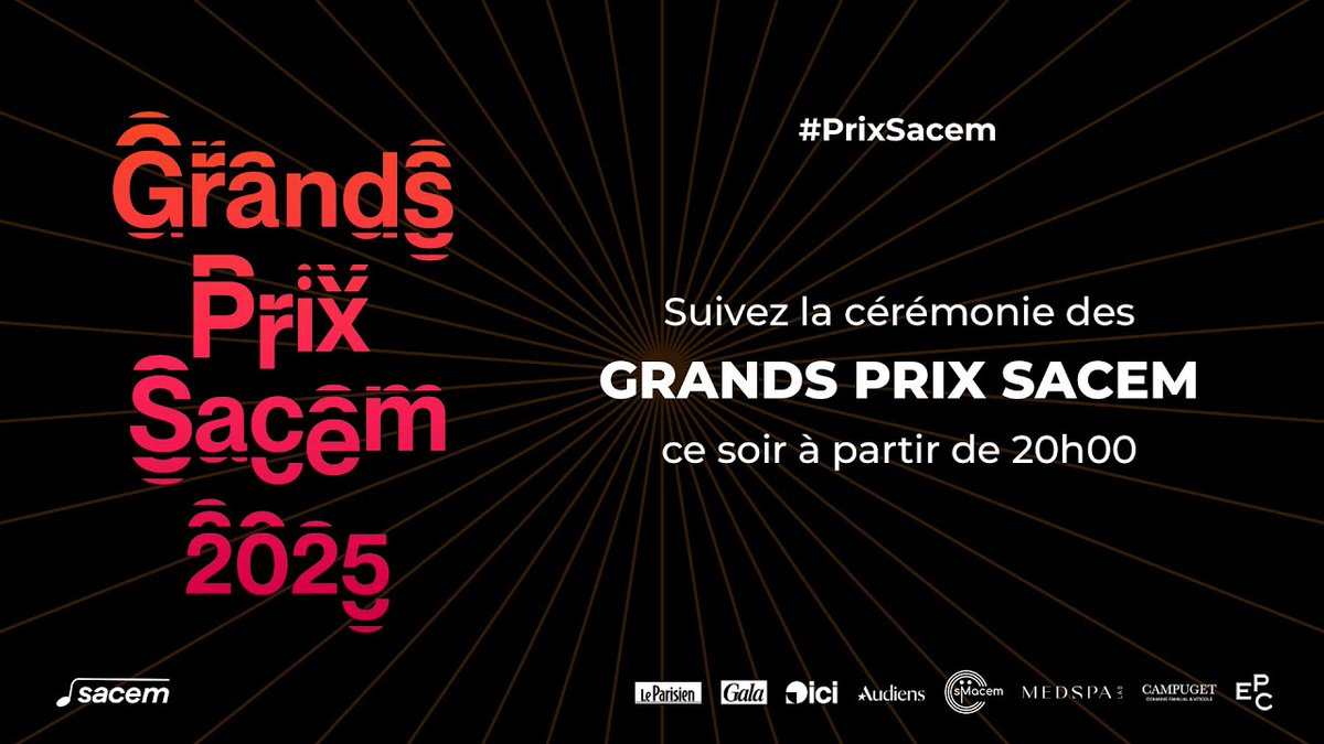 🎥🎶Ce soir, lundi 24 novembre, aura lieu la cérémonie 2025 des Grands Prix <a href="/sacem/">Sacem</a> , qui célèbrent la création musicale.
📅 À suivre en direct à partir de 20h sur YouTube : youtube.com/live/FWnSW4_Ht…