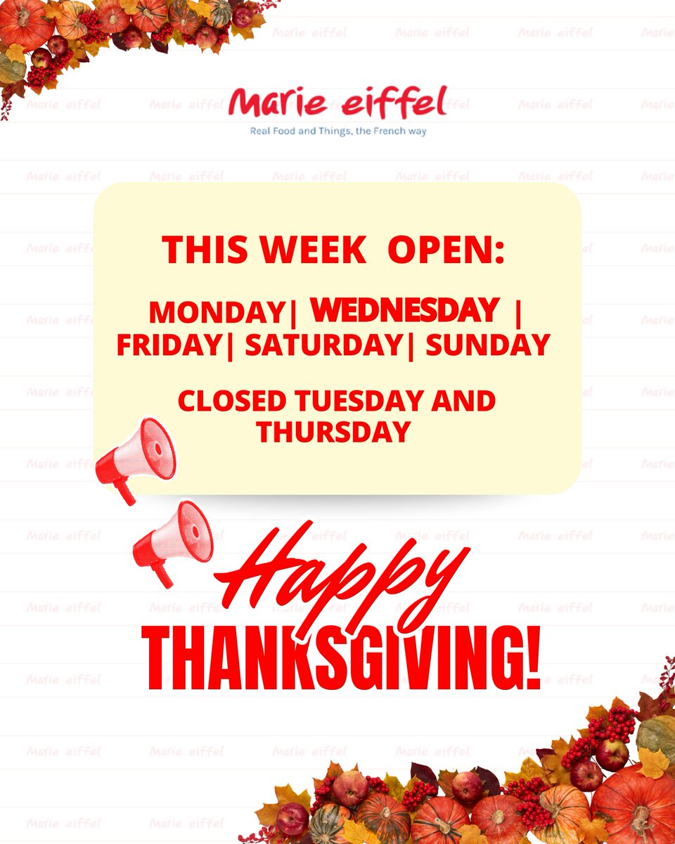 marieeiffel's tweet image. 🦃✨ This Week’s Hours

We’re here to serve you all the cozy holiday magic:

📍 Open:
Monday
Wednesday
Friday
Saturday
Sunday

🚪 Closed:
Tuesday &amp;amp; Thursday

Wishing you a warm, joyful, and delicious Thanksgiving. 🤍
See you soon, loves.

#MarieEiffel #ThanksgivingWeek
