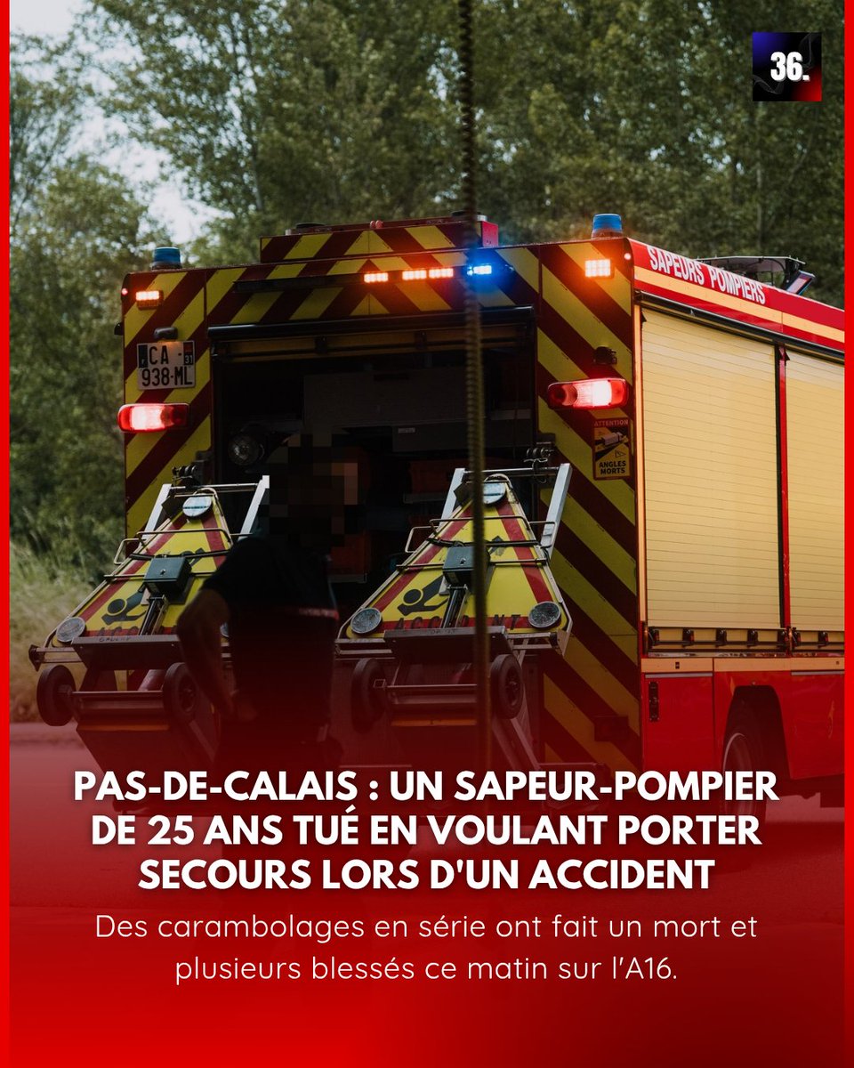 36_qdo's tweet image. 🔴 Pas-de-Calais : un sapeur-pompier volontaire de 25 ans tué en voulant porter secours.

Il aurait été violemment percuté par un véhicule lors d&apos;un grave accident ce matin sur l&apos;A16.

(La Voix du Nord
© @visualtwo)