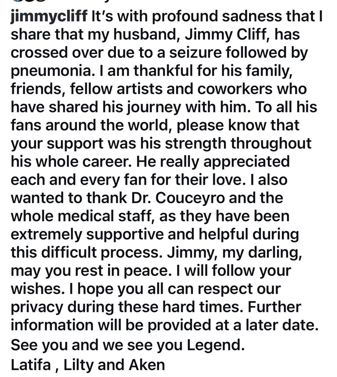 S_Fleary1's tweet image. BREAKING NEWS: Legendary Jamaican singer Jimmy Cliff has sadly passed away. 🙏🏾🇯🇲👑😢

His wife has made the announcement on his Instagram account within the last hour.

Jimmy Cliff was 81.