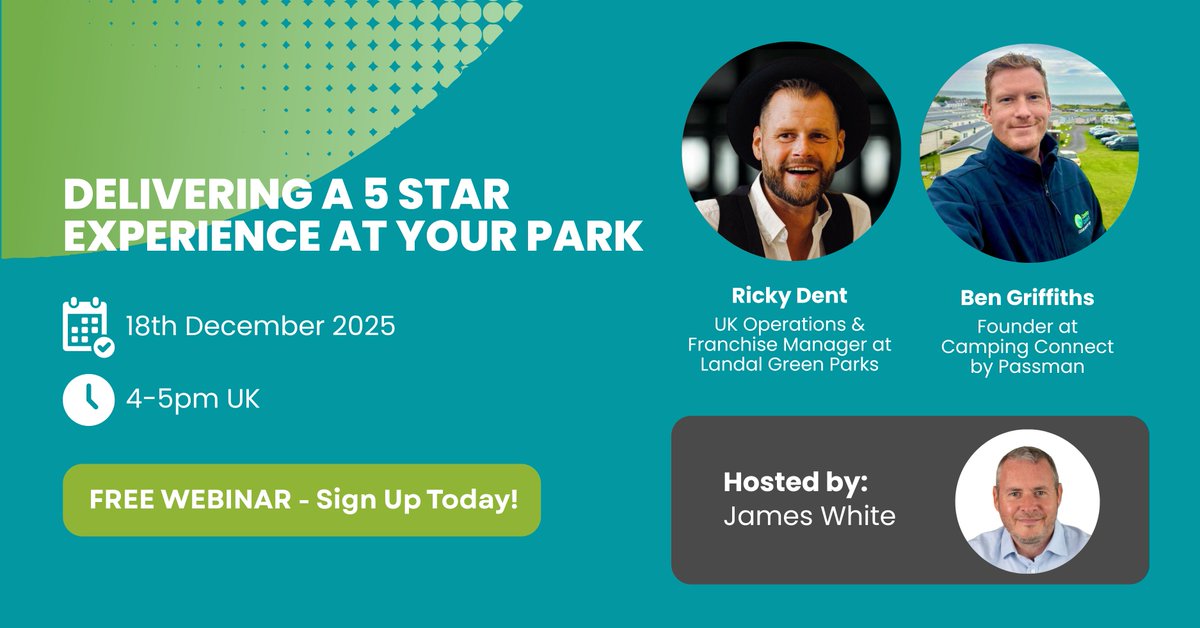 New webinar! “Delivering a 5★ Experience at Your Park
Join Ricky Dent (Landal Green Parks) &amp; Ben Griffiths (Camping Connect) as they break down what separates good parks from exceptional ones — with real tips you can use now.

👉 Register now for FREE: bit.ly/43PQNkB