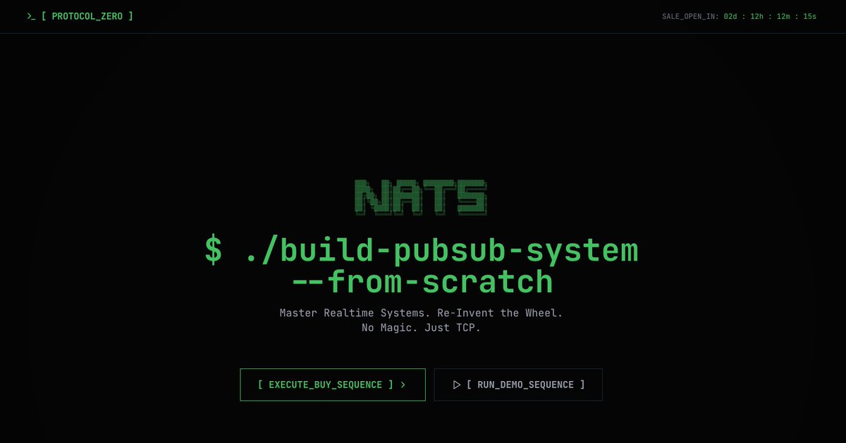 p_mbanugo's tweet image. Stop building To-Do apps. 🛑

If you want to be a 10x programmer, reinvent the wheel. Build a Database. Build a load balancer. Build a Pub/Sub engine.

I’m launching a workshop where we build a @nats_io server from scratch.

Founding Member pricing is live from 27 Nov. 🧵