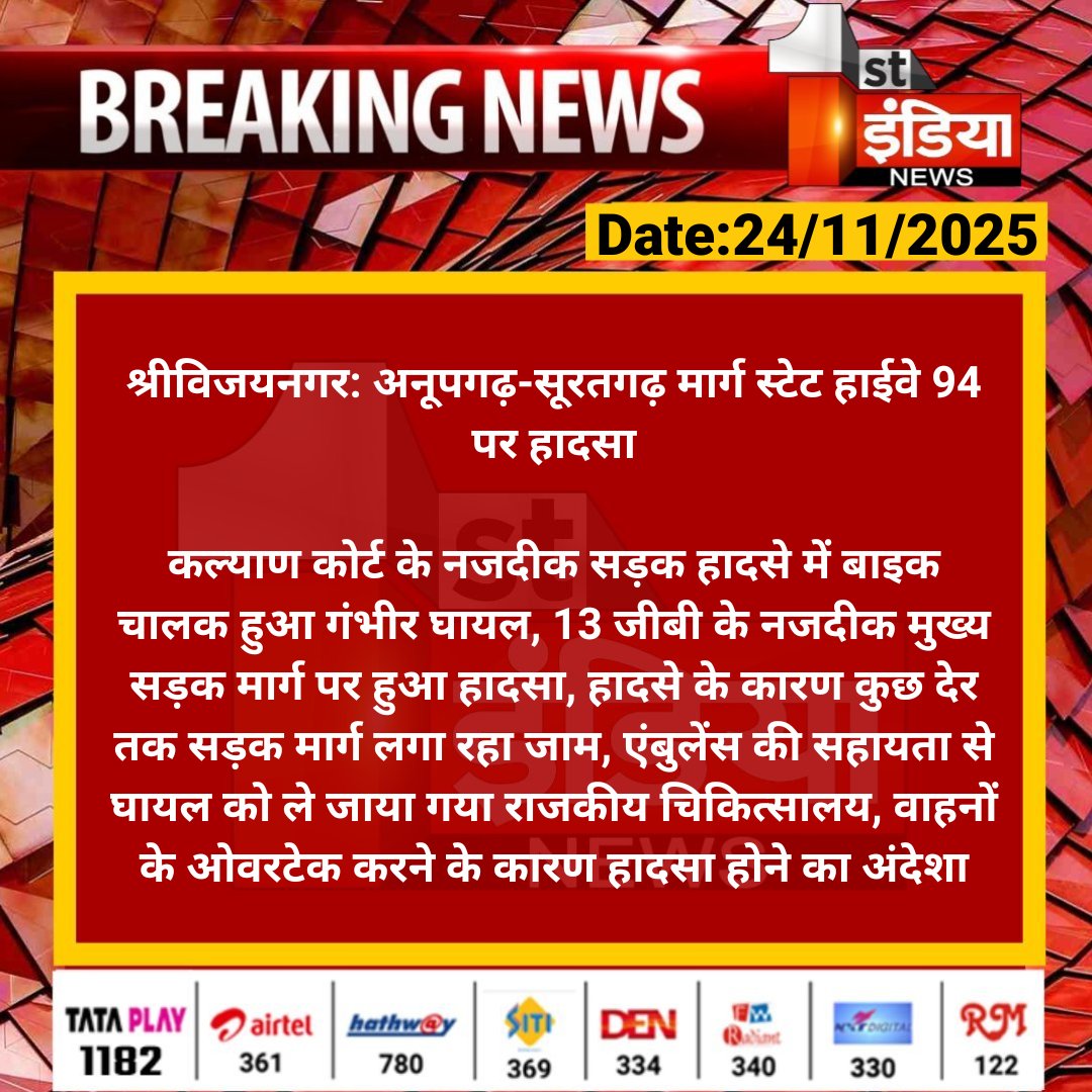 1stIndiaNews's tweet image. #SriGanganagar #श्रीविजयनगर: अनूपगढ़-सूरतगढ़ मार्ग स्टेट हाईवे 94 पर हादसा

कल्याण कोर्ट के नजदीक सड़क हादसे में बाइक चालक हुआ गंभीर घायल, 13 जीबी के नजदीक मुख्य सड़क मार्ग पर हुआ...

#RajasthanWithFirstIndia #Accident @sgnrpolice