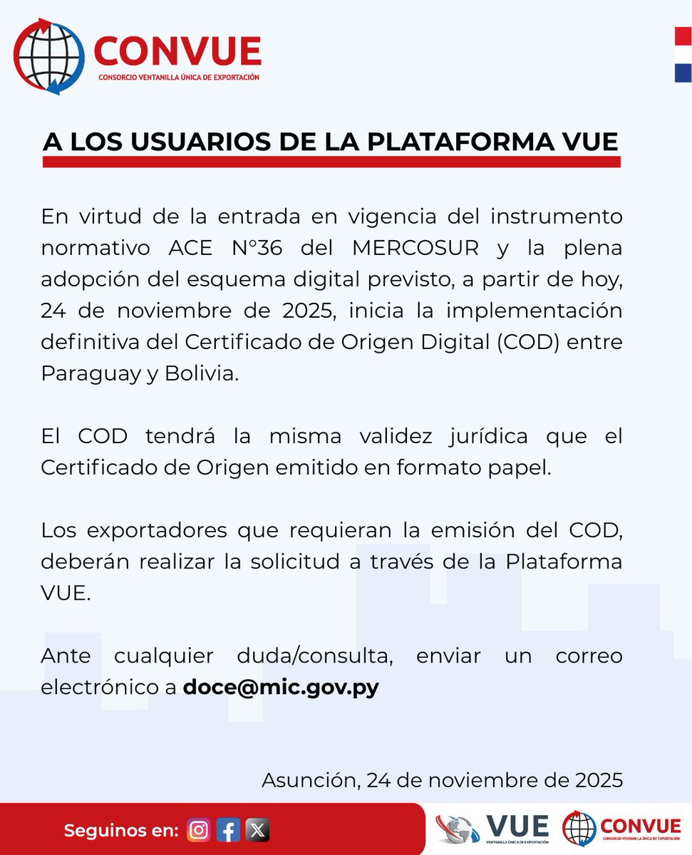 VUEParaguay's tweet image. A partir de hoy se implementa el Certificado de Origen Digital entre Paraguay y Bolivia.

Para aclarar dudas o consultas, favor remitir un correo electrónico a: doce@mic.gov.py

#paraguay #ʙᴏʟɪᴠɪᴀ #comercioexterior #mercosur #certificadodeorigendigital