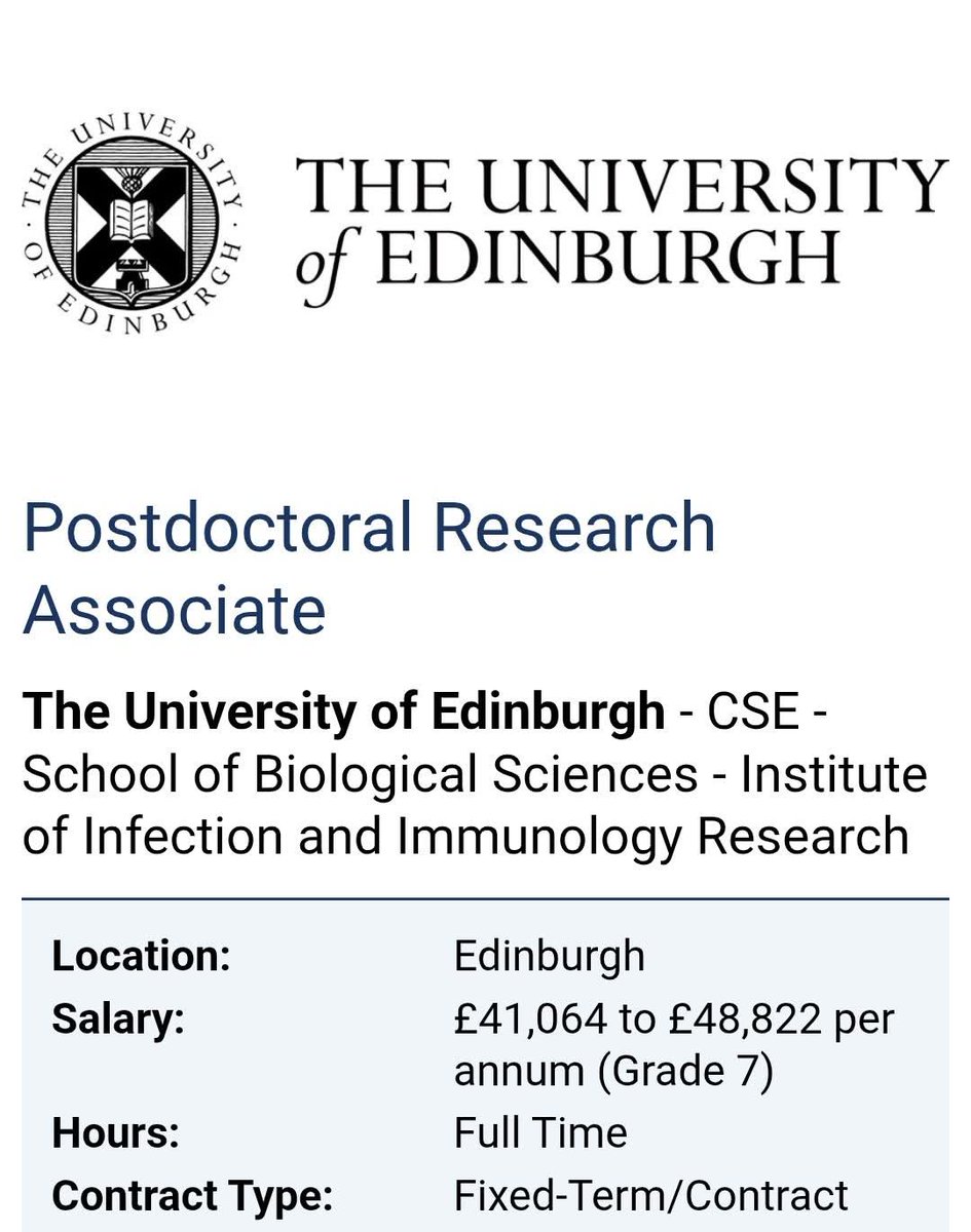 🔬 POSTDOC ALERT! 🧪 Join the cutting-edge of Immunology Research at the University of Edinburgh!
​Salary: £41,064 - £48,822 p.a. (Grade 7)
​👉 Apply Now: elxw.fa.em3.oraclecloud.com/hcmUI/Candidat…

#ApplyNow #postdoc #ResearchJobs #ResearchScholar #immunology #Edinburgh