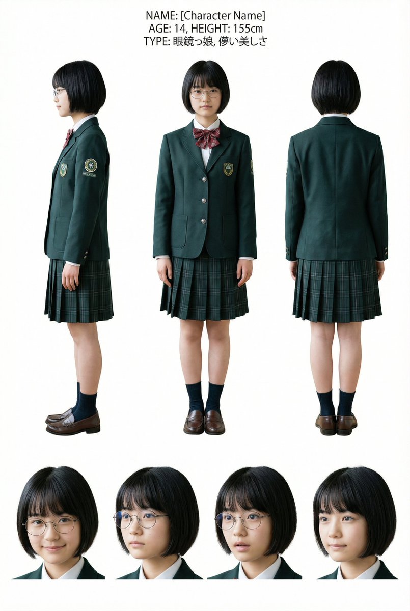 Alone1Moon's tweet image. キャラシートすごい作るの簡単。写真で作ってイラストに。イラストはちょっと頭が大きい
「この人物の写真でのキャラクターシートを作ってください。三面図と、表情バリエーション。背景は白。14歳で、155cm。眼鏡っ娘、儚い美しさ。[写真 or イラスト]で。」
Nanobanana Pro #AIイラスト #AI眼鏡部