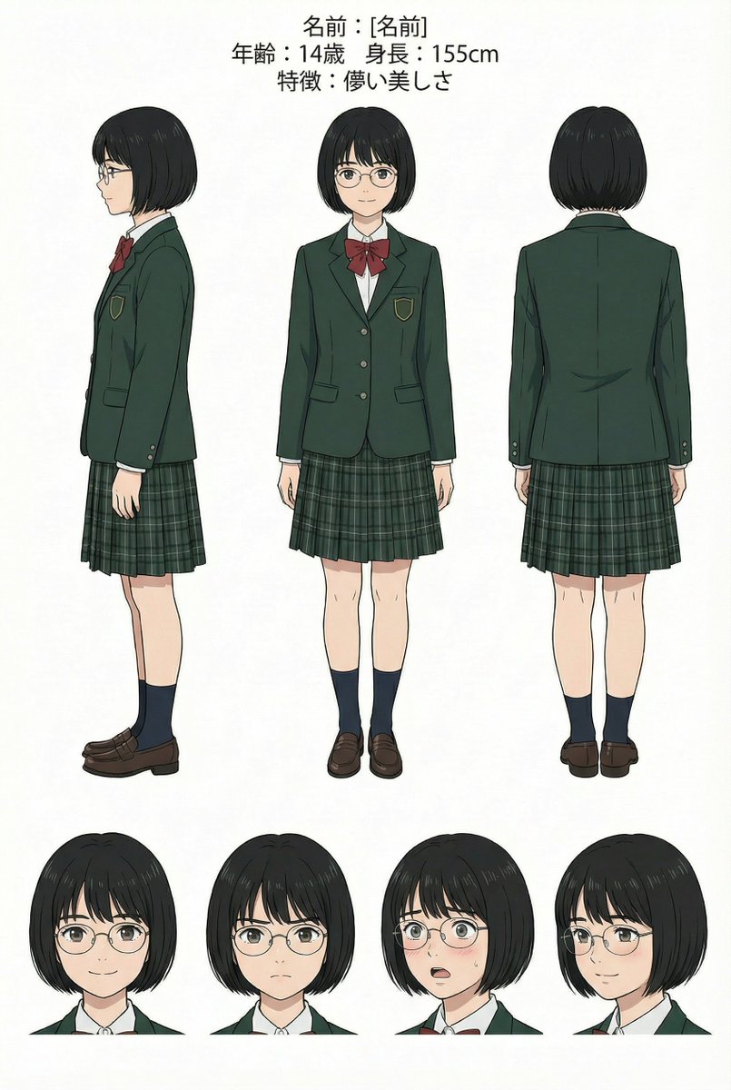 Alone1Moon's tweet image. キャラシートすごい作るの簡単。写真で作ってイラストに。イラストはちょっと頭が大きい
「この人物の写真でのキャラクターシートを作ってください。三面図と、表情バリエーション。背景は白。14歳で、155cm。眼鏡っ娘、儚い美しさ。[写真 or イラスト]で。」
Nanobanana Pro #AIイラスト #AI眼鏡部