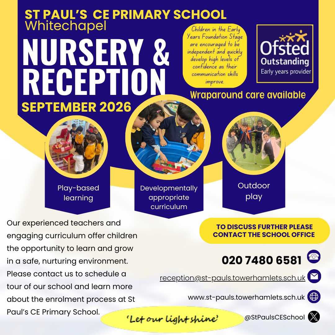 StPaulsCESchool's tweet image. At St Paul&apos;s we have places available in our Outstanding Early Years for nursery and reception.
Please contact us via our office if you wish to come along to one of our open days!
Monday 1st December -10am
Tuesday 2nd December -10am. #nursery #reception