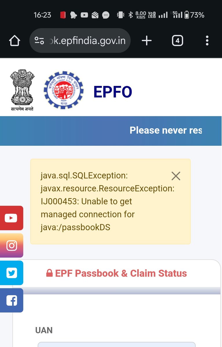 theakhishayar's tweet image. #epfo
#jdbc connection 
java.sql.SQLException: javax.resource.ResourceException: IJ000453: Unable to get managed connection for java:/passbookDS