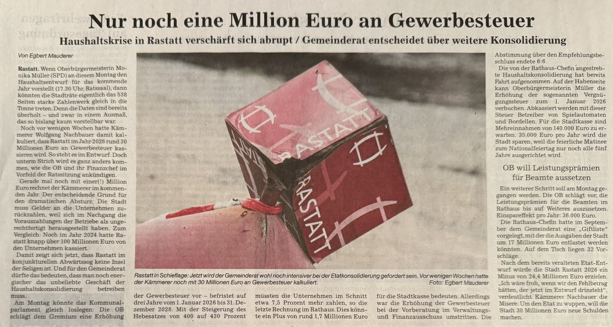 Rastatt hatte 2024 noch 100 Millionen Gewerbesteuereinnahmen, rechnet für 2026 mit bloß einer Millionen an Gewerbesteuer.

Wieviele andere Städte sind ähnlich eingebrochen?