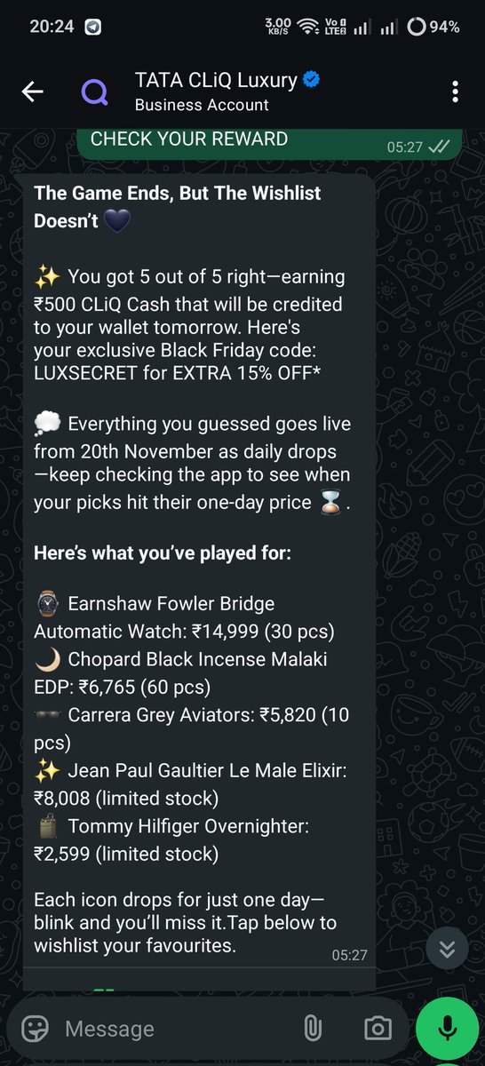 nayak419's tweet photo. I participated in WhatsApp quiz but didn't receive my tata cliq cash till now https://t.co/GUvxGCraJM