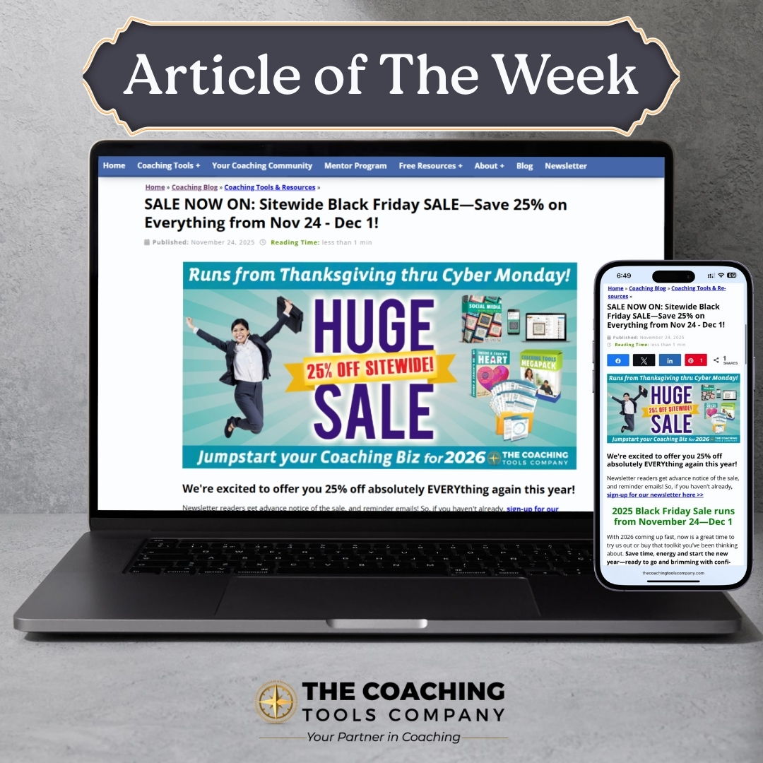 ToolsForCoaches's tweet image. 🎉 Black Friday is HERE! Save 25% off EVERYTHING from Nov 24–Dec 1. Coaching toolkits, programs &amp;amp; resources to make 2026 your most productive &amp;amp; confident year. Discounts are automatic!

🔗 tools.coach/4acwNMV

#BlackFridaySale #YourPartnerInCoaching