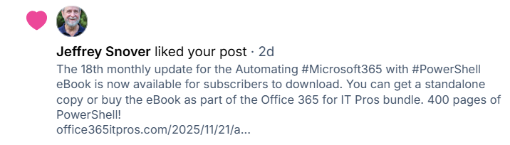 12Knocksinna's tweet image. It&apos;s always nice when the &quot;father of #PowerShell&quot; likes your book. But I suspect that Jeffrey likes all PowerShell books...
o365itpros.gumroad.com/l/M365PS